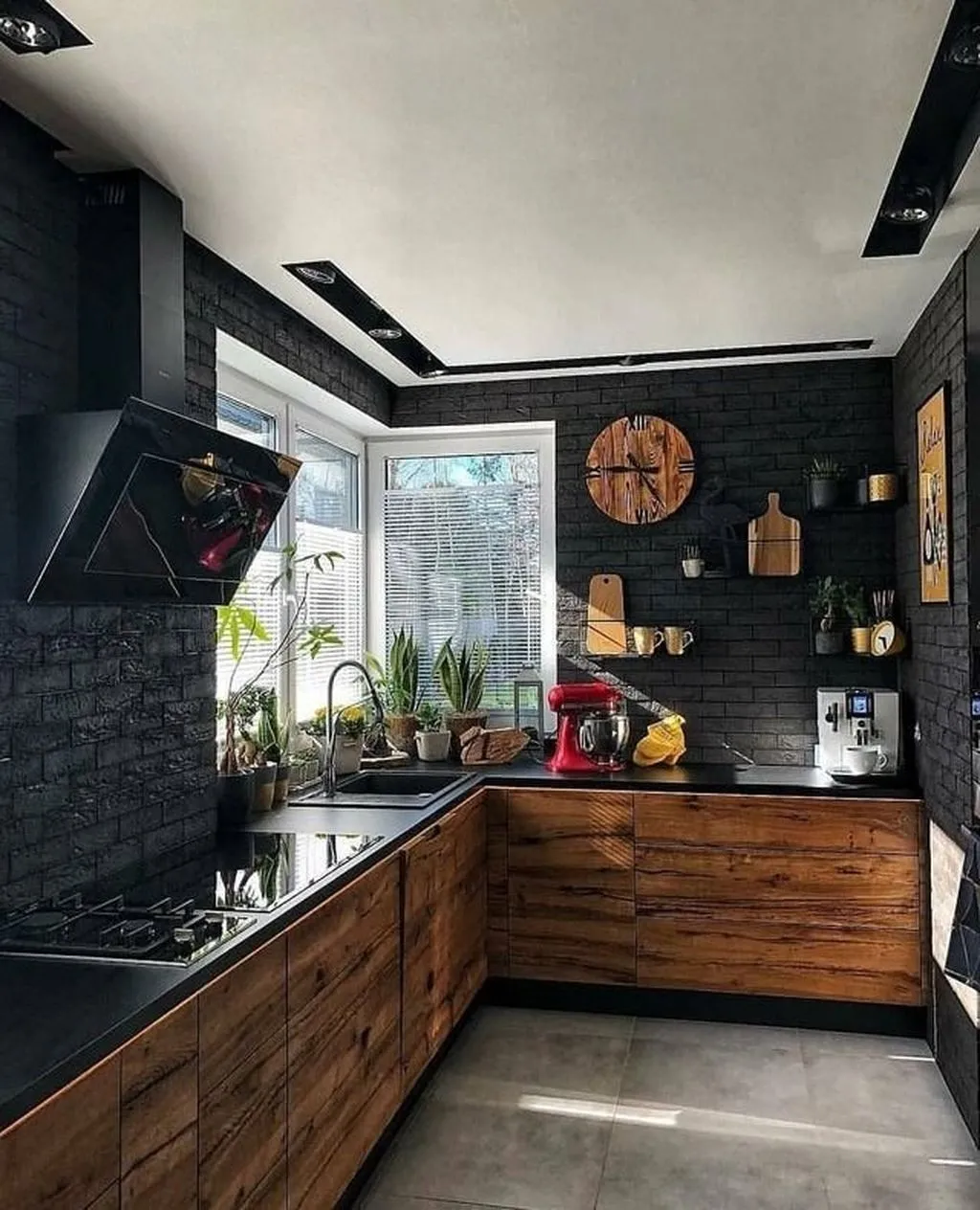 12683 kitchen black appliances wood accents